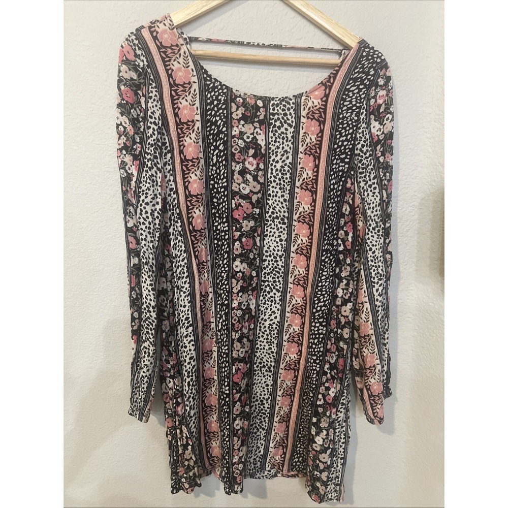 Billabong Womens BLACK V-Neck Floral L/Sleeve Flowy Mini Dress Vacation MEDIUM